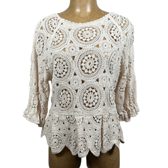 Solitaire Tops - Solitaire Women Crochet Lace Peplum Top Cream Medallion 3/4 Sleeve Large Boho